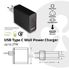 CLUB 3D USB Type C Wall Power Charger up to 27W